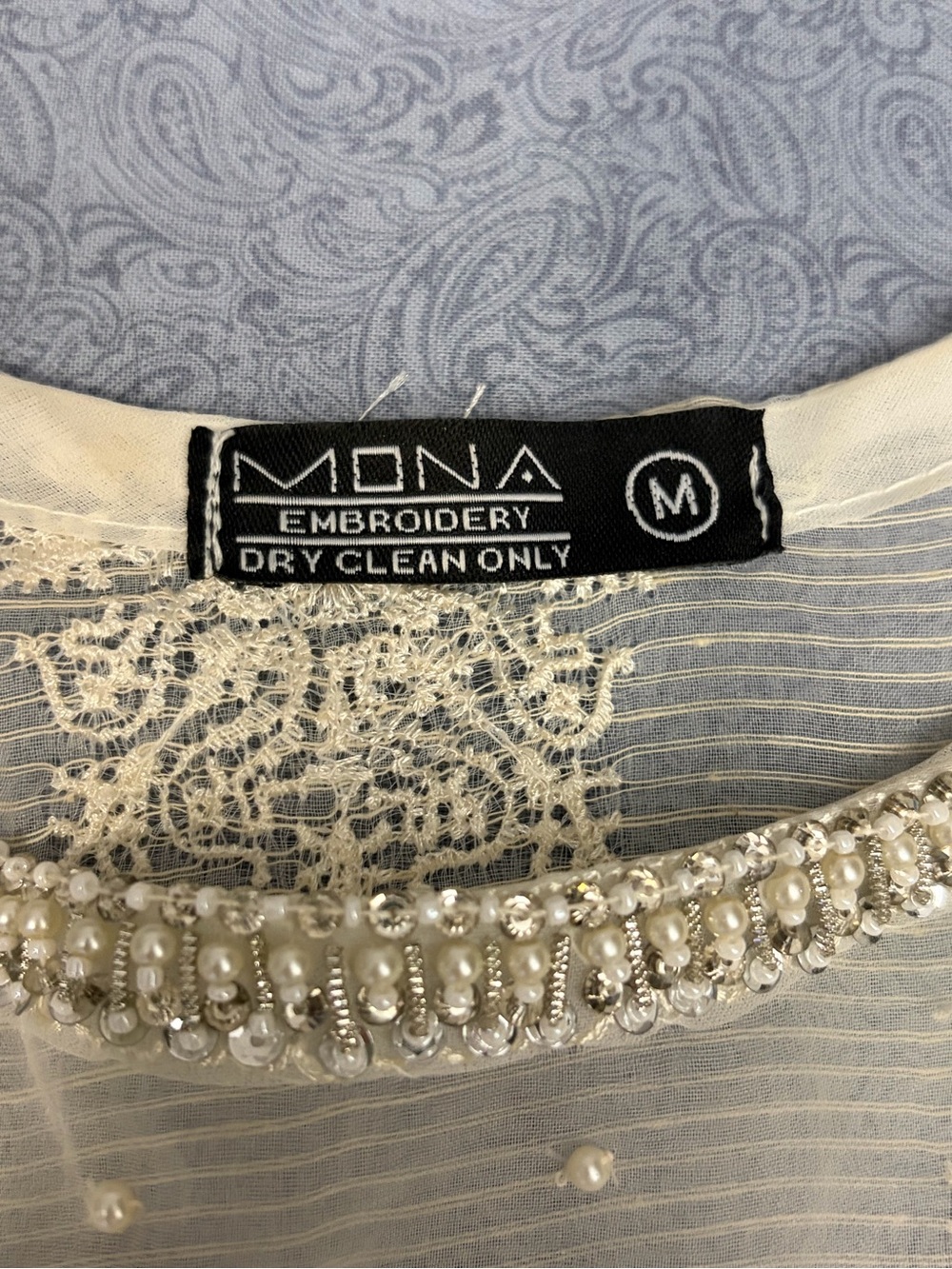 Mona Embroidery Pakistani Sheer Beaded Cream Dress Medium - Picture 8 of 9